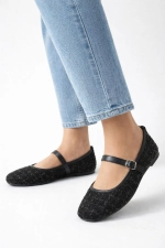 Women Black Tweed Fabric Mary Jane Flats Fashion Buckle Comfortable Shoes Photograph-3